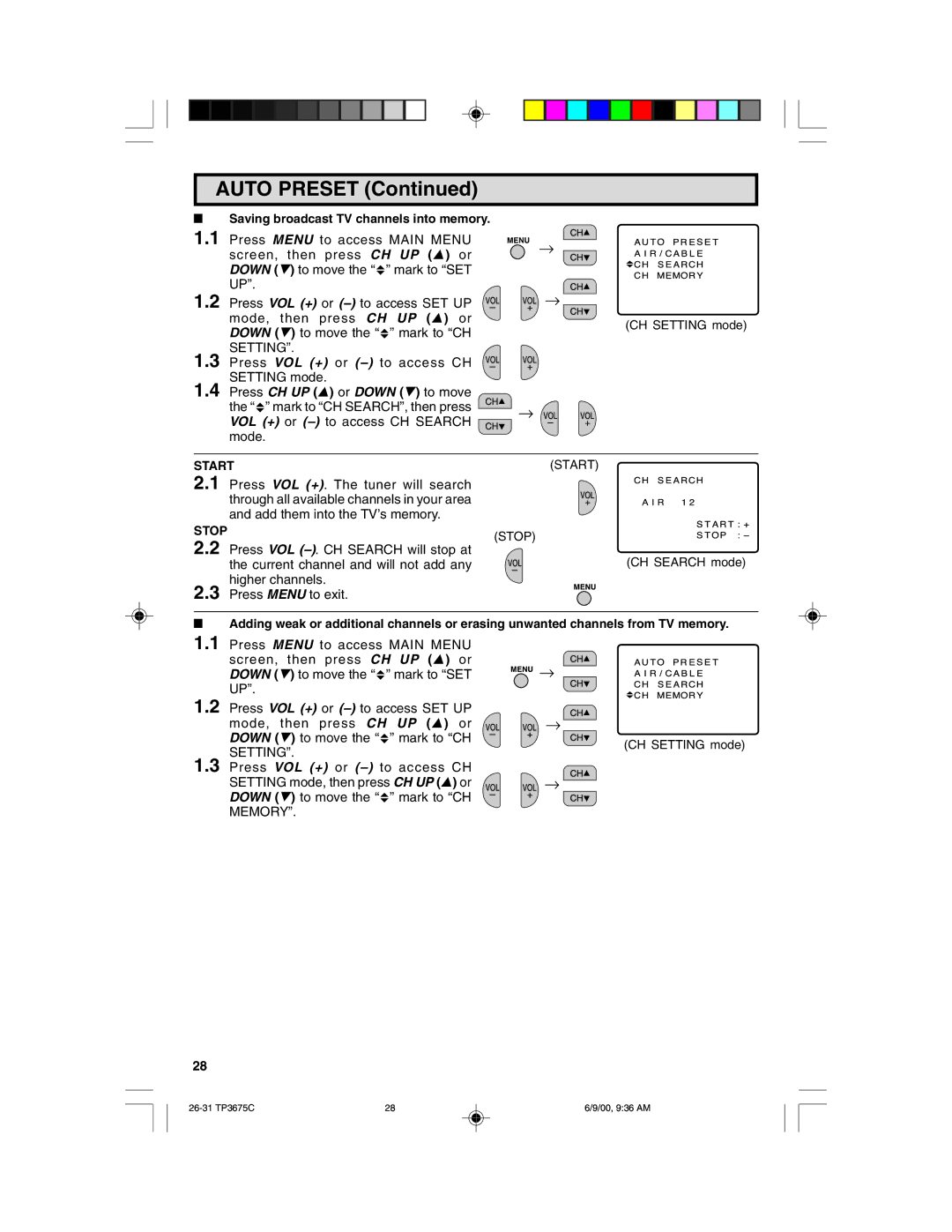 Philips TP3675 manual Saving broadcast TV channels into memory, Start, Stop 