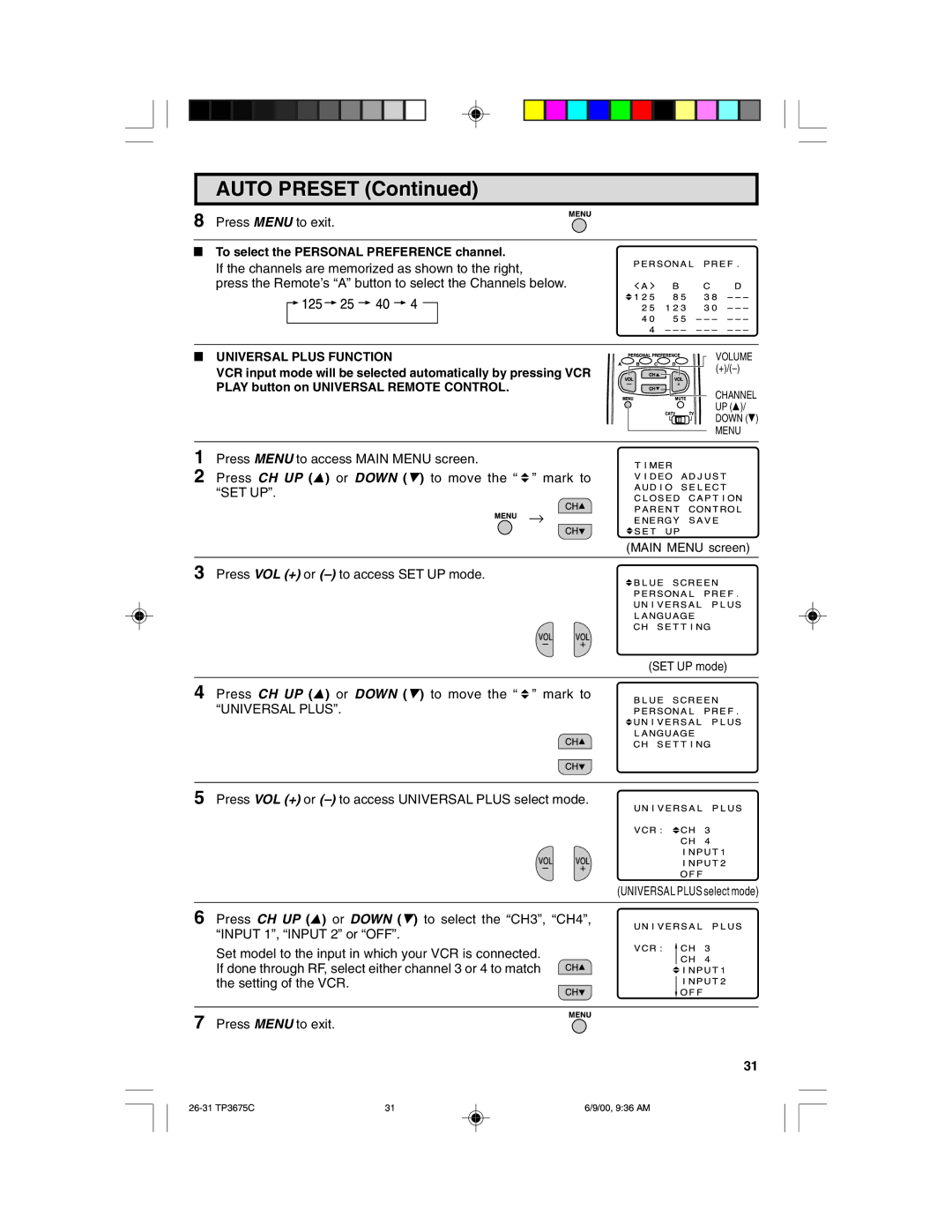 Philips TP3675 manual To select the Personal Preference channel, Universal Plus Function 