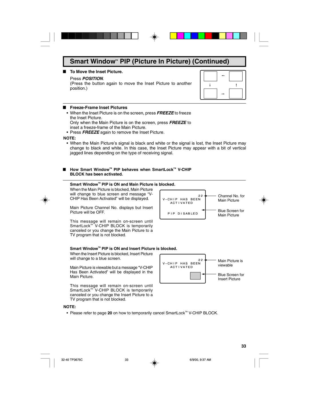 Philips TP3675 manual To Move the Inset Picture, Freeze-Frame Inset Pictures 