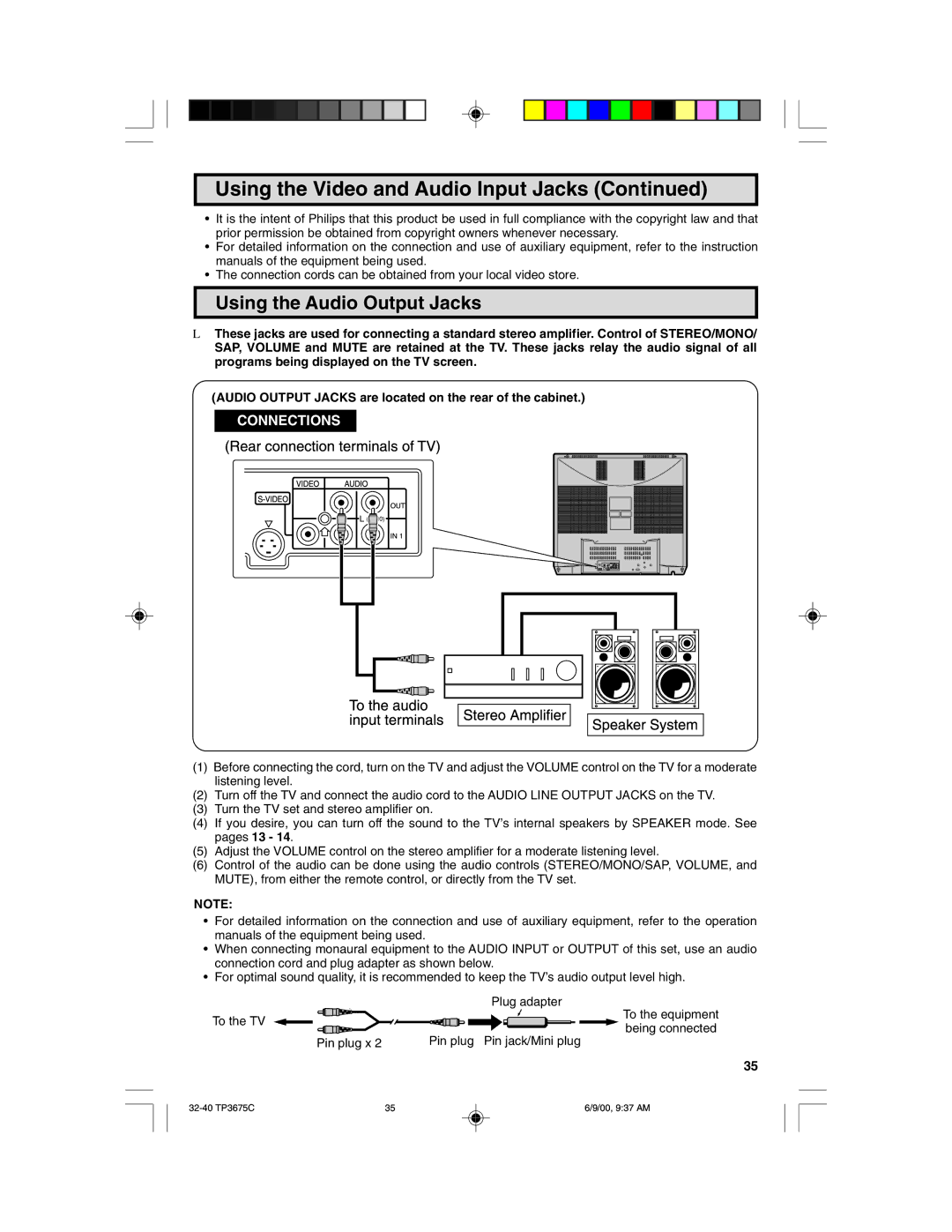 Philips TP3675 manual Using the Audio Output Jacks 