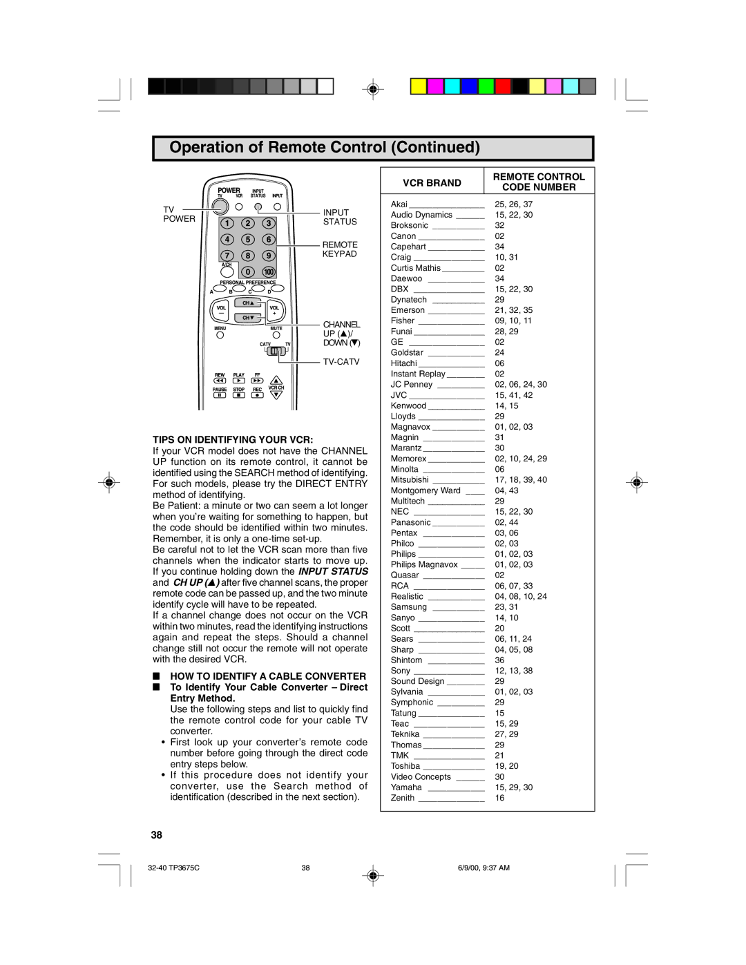 Philips TP3675 manual Tips on Identifying Your VCR, VCR Brand Remote Control Code Number 