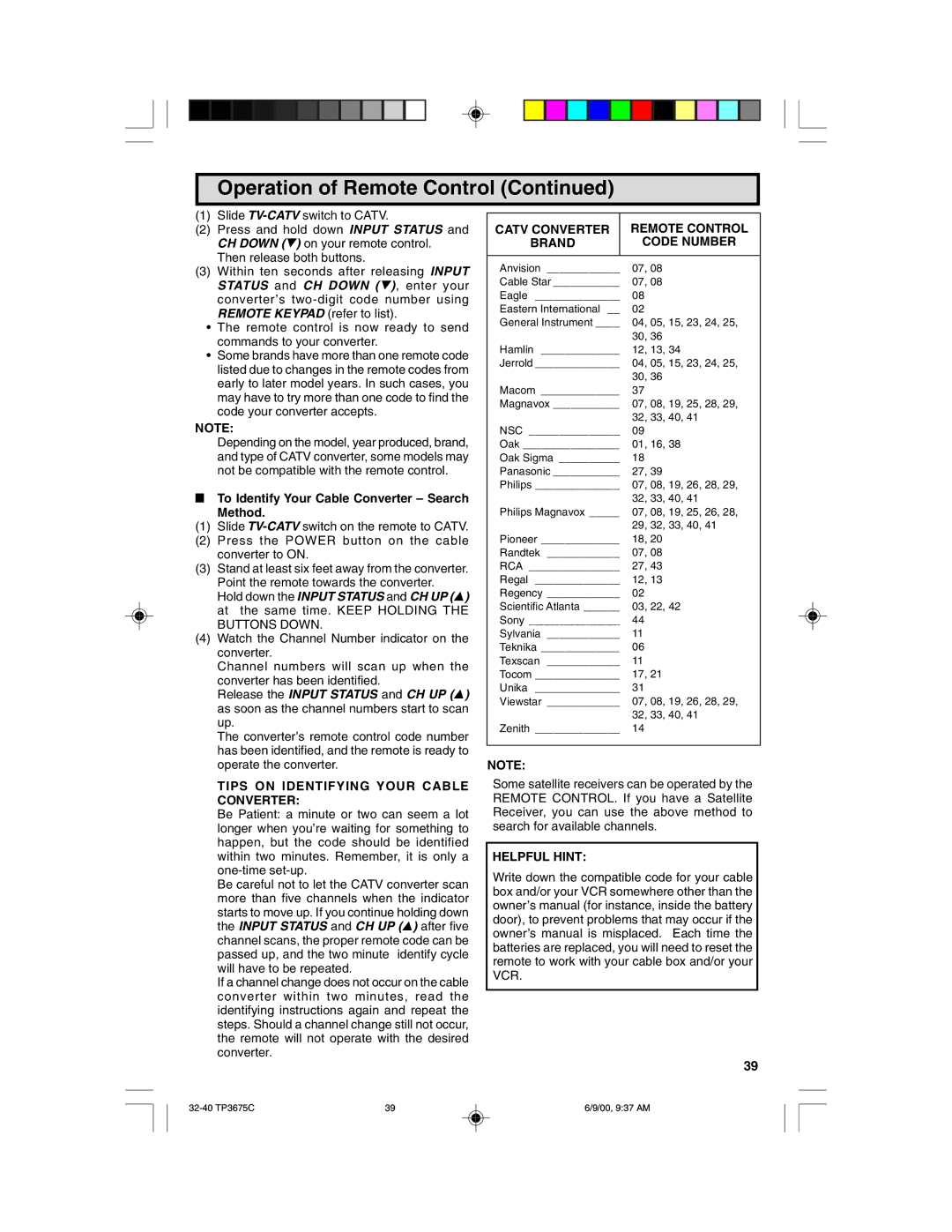 Philips TP3675 To Identify Your Cable Converter Search Method, Tips on Identifying Your Cable Converter, Helpful Hint 