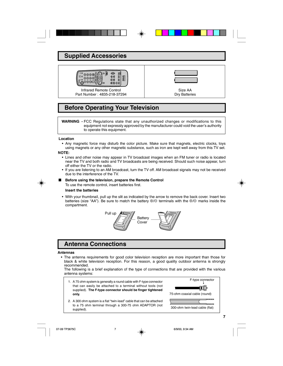 Philips TP3675 manual Supplied Accessories, Before Operating Your Television, Antenna Connections, Location, Antennas 