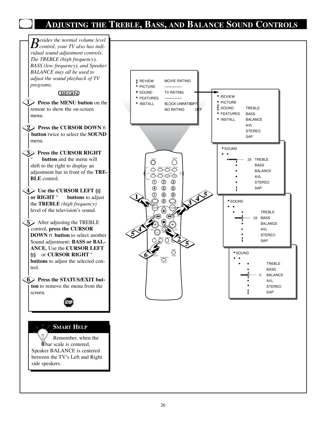 Philips TP3684C1 manual Adjusting the TREBLE, BASS, and Balance Sound Controls, Button twice to select the Sound menu 