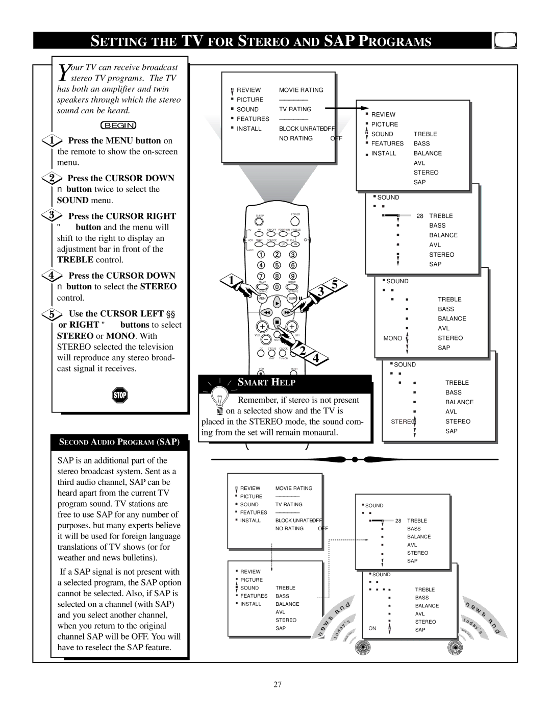 Philips TP3684C1 manual Setting the TV for Stereo and SAP Programs, Remember, if stereo is not present 