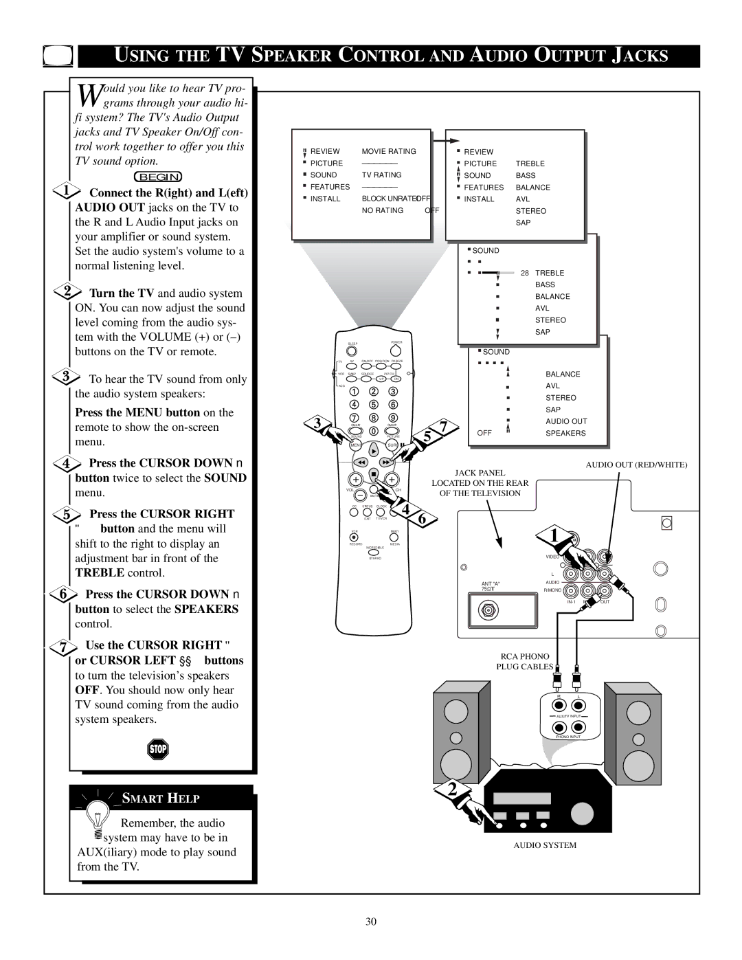 Philips TP3684C1 manual Using the TV Speaker Control and Audio Output Jacks, Connect the Right and Left 