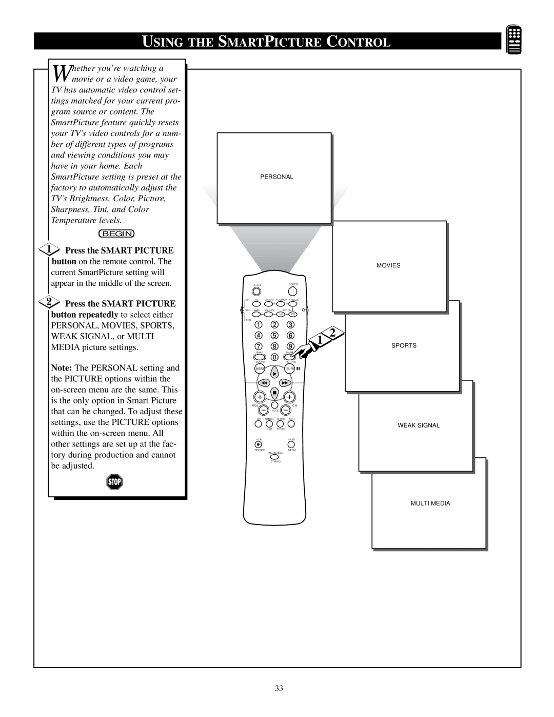 Philips TP3684C1 manual Press the Smart Picture, Button repeatedly to select either 