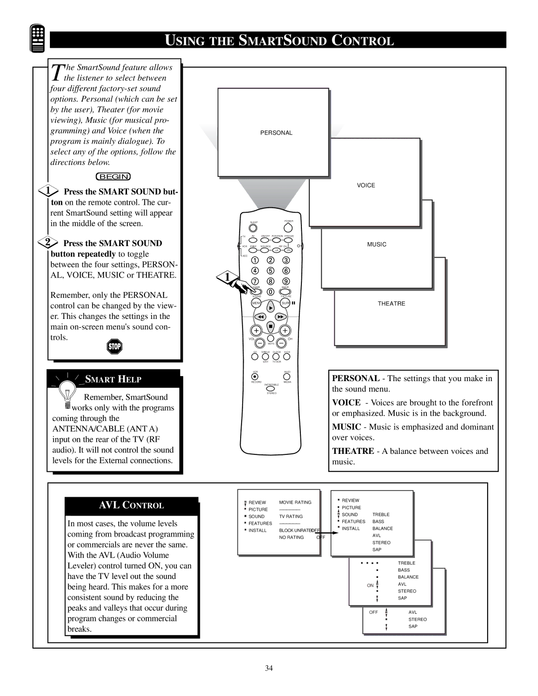 Philips TP3684C1 manual Using the Smartsound Control, Press the Smart Sound but 