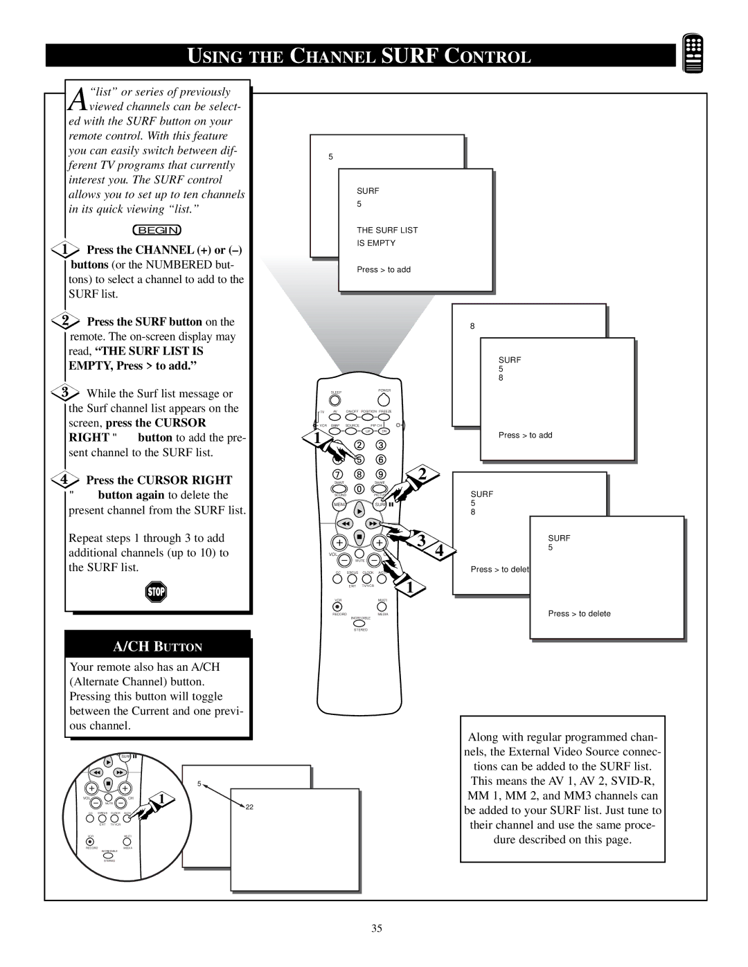 Philips TP3684C1 manual Press the Channel + or, Press the Surf button on, Read, the Surf List is, EMPTY, Press to add 