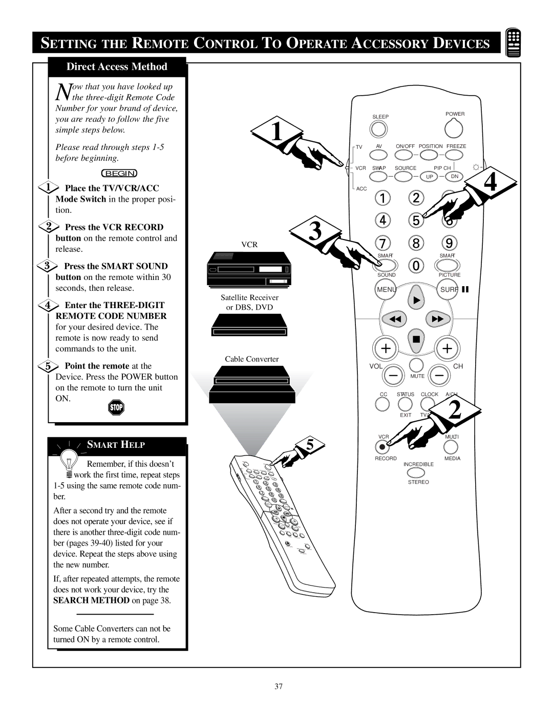 Philips TP3684C1 manual Place the TV/VCR/ACC, Press the VCR Record, Press the Smart Sound, Enter the THREE-DIGIT 