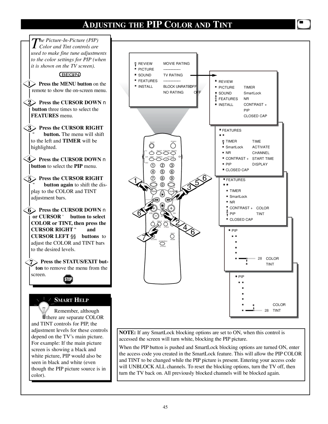 Philips TP3684C1 manual Adjusting the PIP Color and Tint, Button to select the PIP menu, Remember, although 