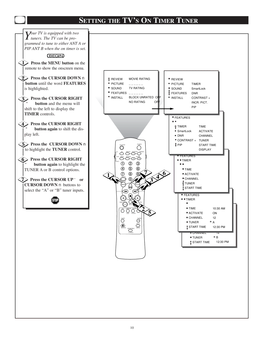 Philips TP3697B1 Setting the TV’S on Timer Tuner, Press the Cursor Down, Press the Cursor UP or Cursor Down buttons to 