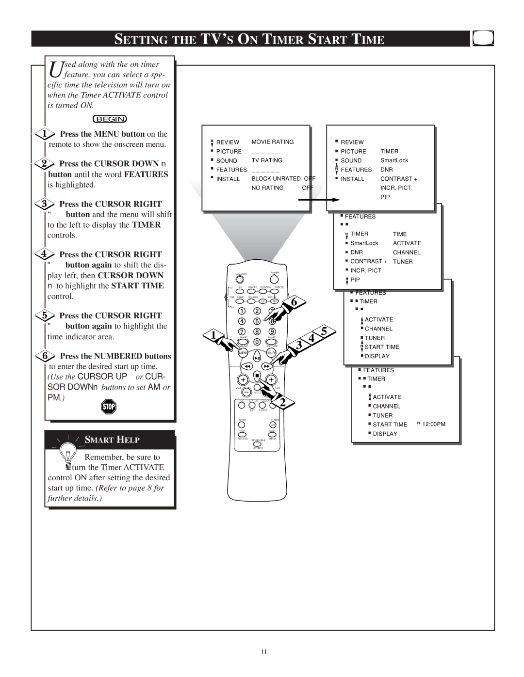 Philips TP3697B1 manual Setting the TV’S on Timer Start Time, To enter the desired start up time, Use the Cursor UP or CUR 