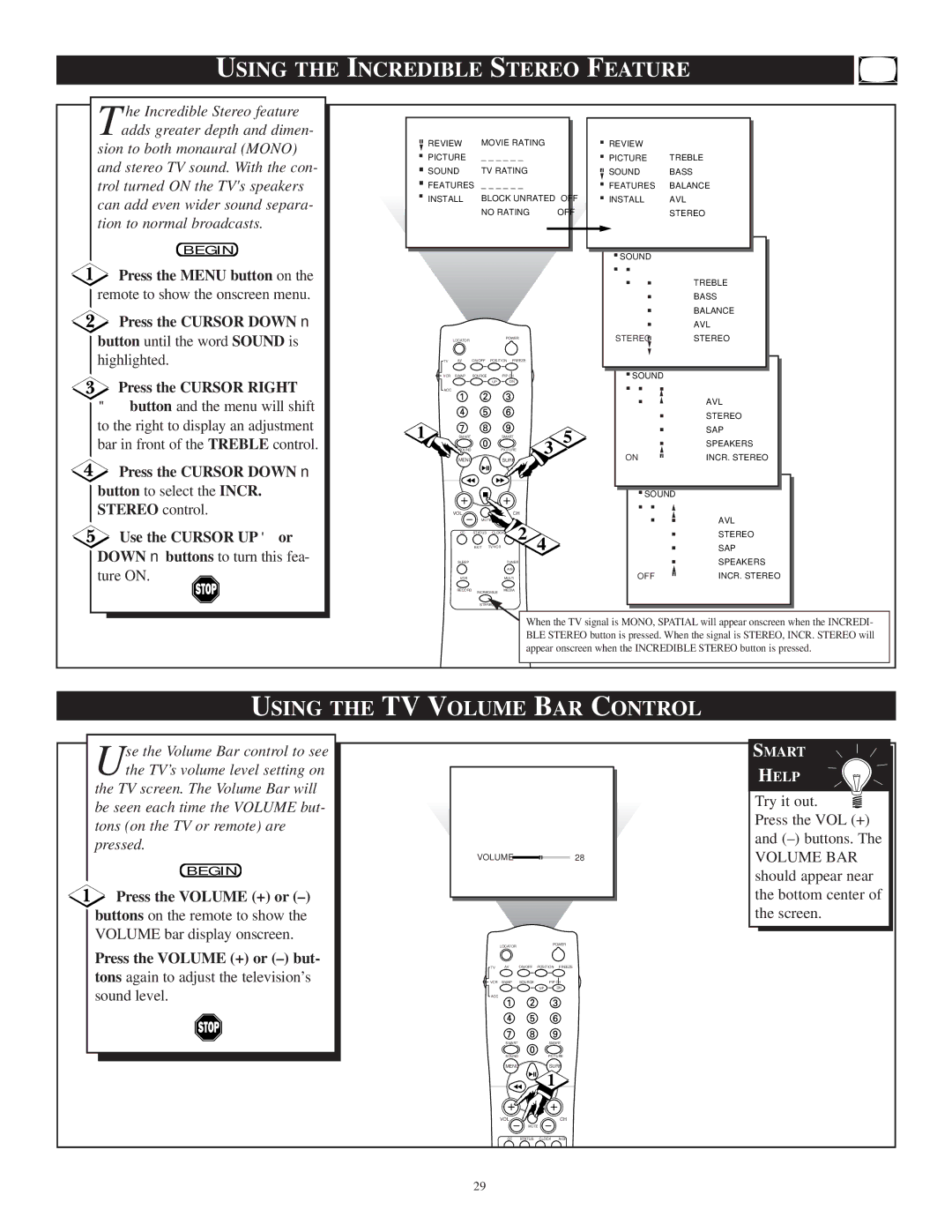 Philips TP3697B1 manual Using the Incredible Stereo Feature, Using the TV Volume BAR Control, Press the Volume + or 