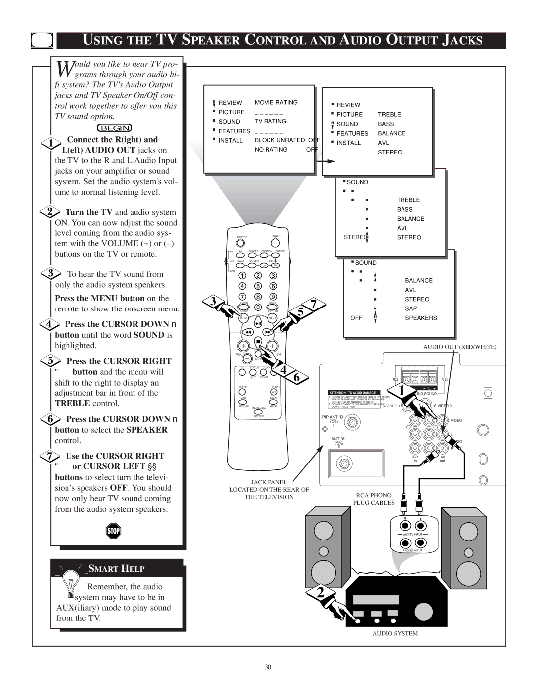 Philips TP3697B1 Using the TV Speaker Control and Audio Output Jacks, Press the Cursor Down button to select the Speaker 