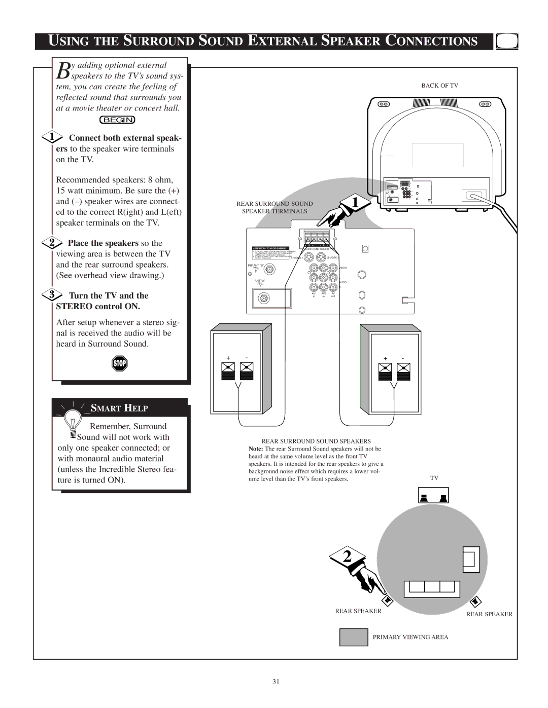 Philips TP3697B1 manual Using the Surround Sound External Speaker Connections, Connect both external speak 