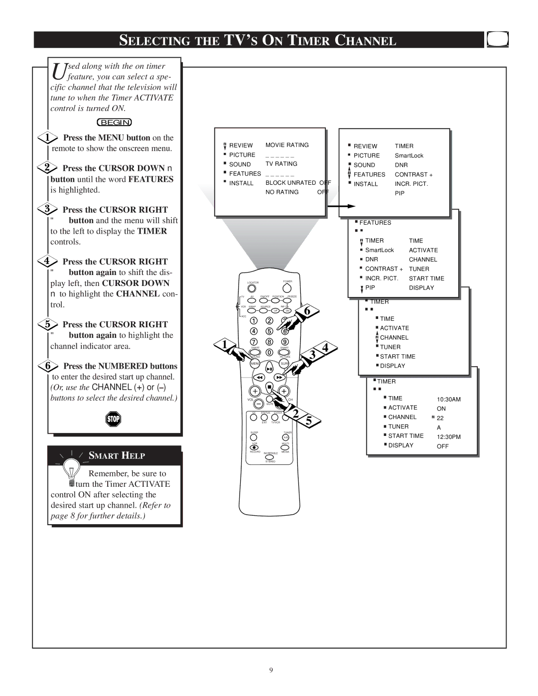 Philips TP3697B1 manual Selecting the TV’S on Timer Channel, Button again to highlight the channel indicator area 