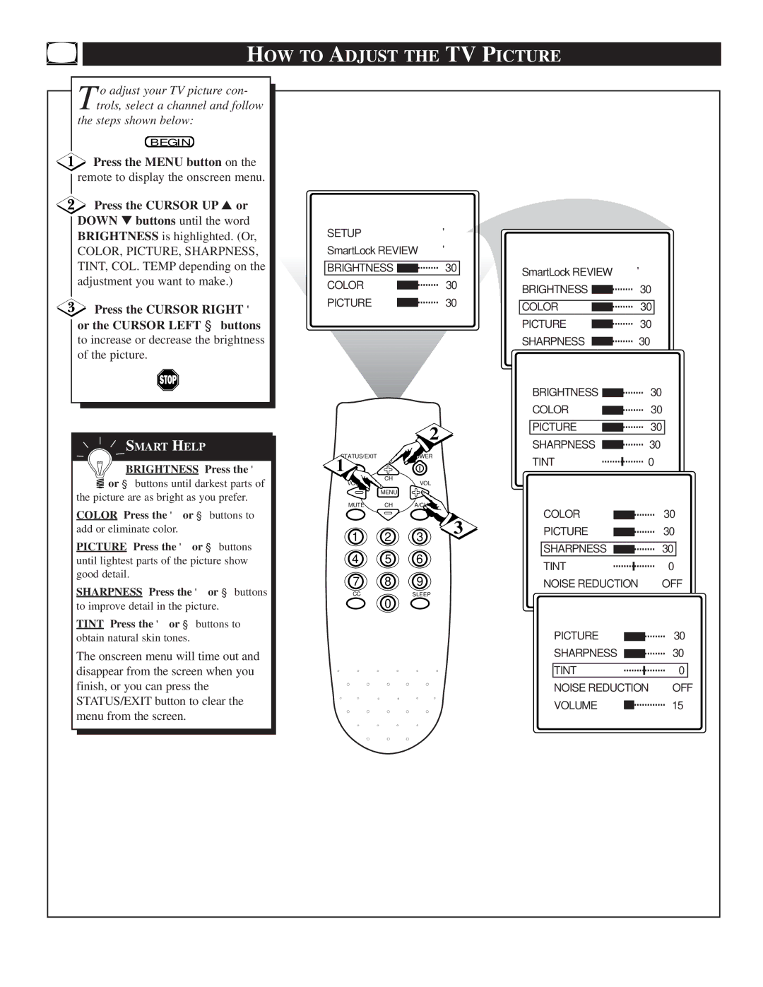 Philips TR2503C1 manual HOW to Adjust the TV Picture, Press the Menu button on, Remote to display the onscreen menu 