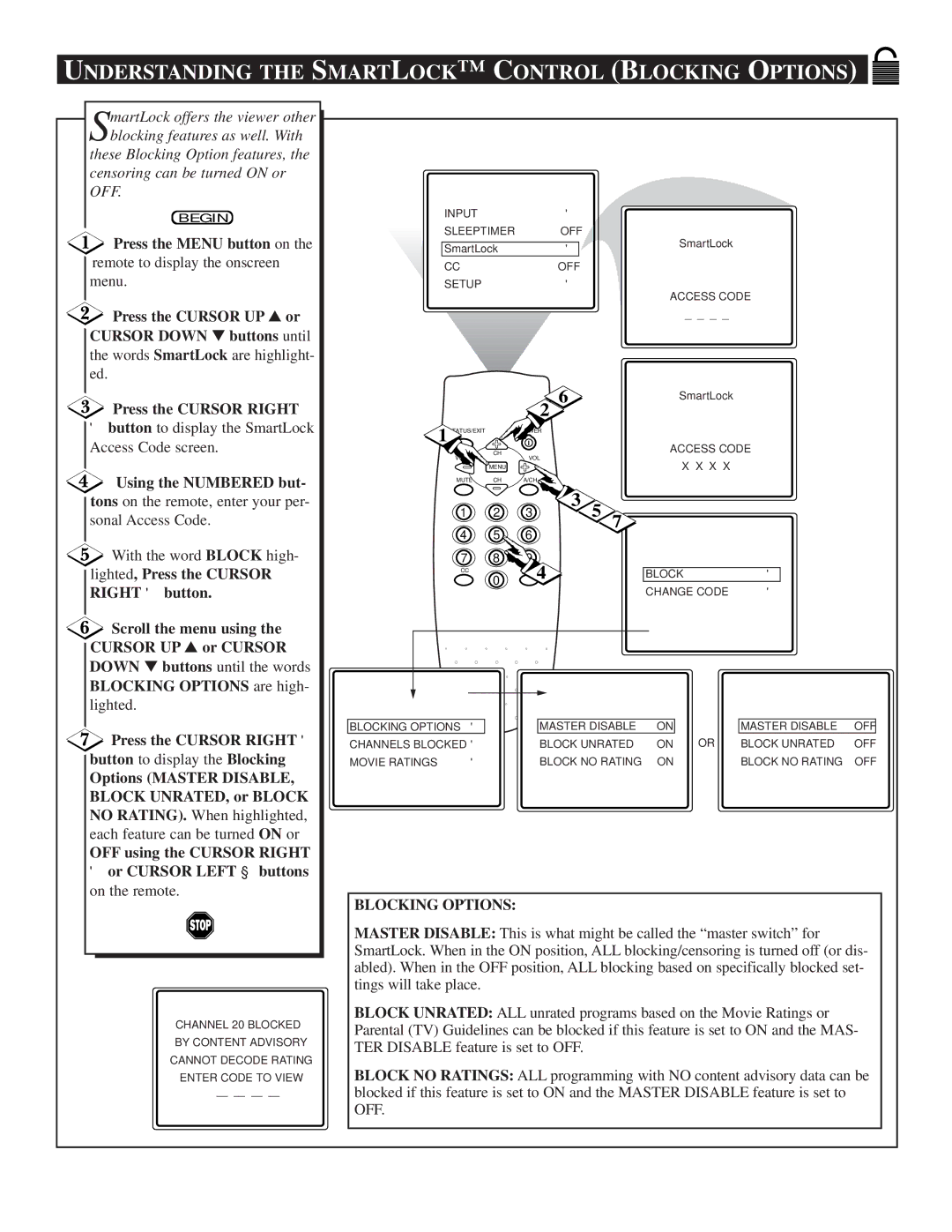 Philips TR2503C1 manual Understanding the Smartlock C Ontrol Blocking Options, Using the Numbered but, Lighted 