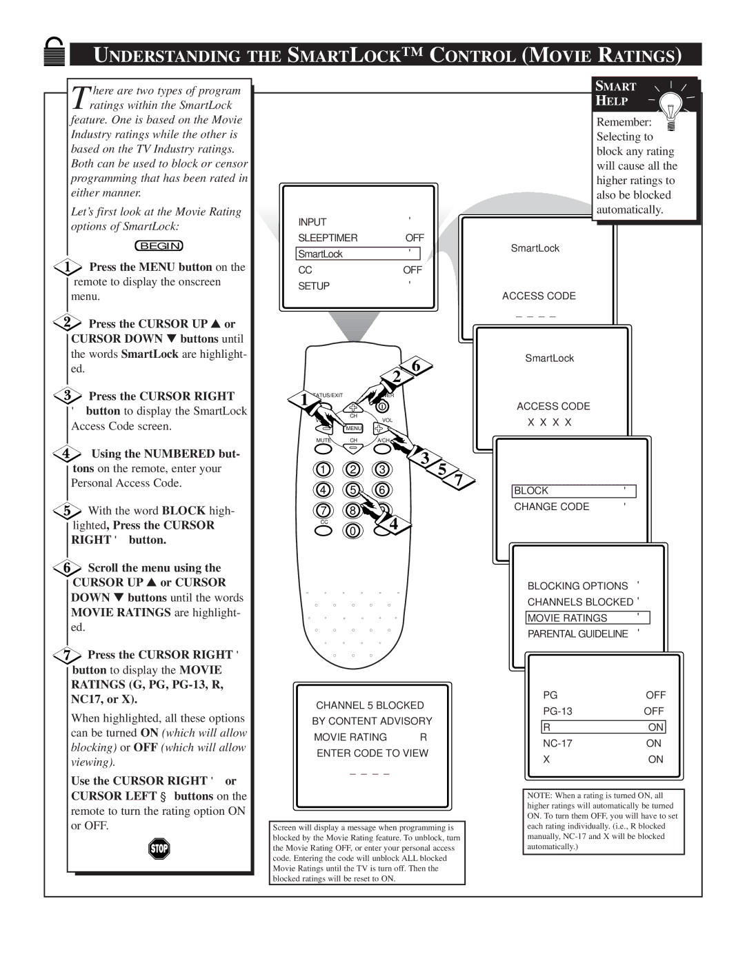 Philips TR2503C1 manual Understanding the Smartlock C Ontrol Movie Ratings, Use the Cursor Right or Cursor Left buttons on 