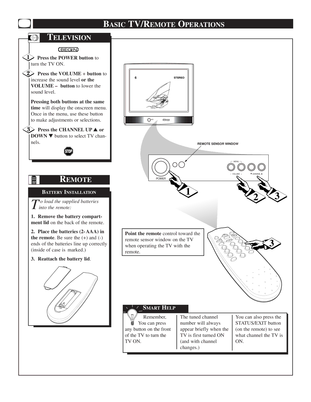 Philips TR2503C1 manual Basic TV/REMOTE Operations Television, Remote 