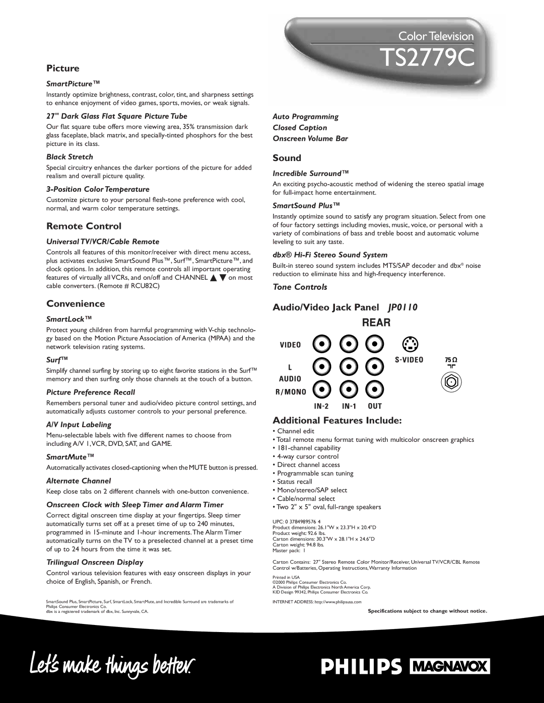 Philips TS 2779C Picture, Remote Control, Sound, Convenience, Audio/Video Jack Panel JP0110 Additional Features Include 