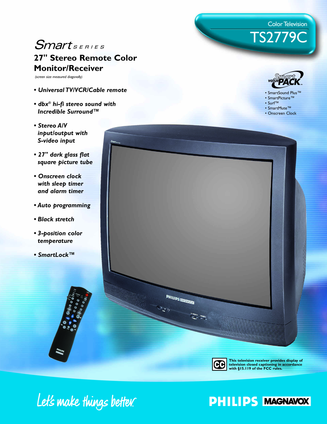 Philips TS 2779C manual TS2779C, Stereo Remote Color Monitor/Receiver, Universal TV/VCR/Cable remote, Black stretch 