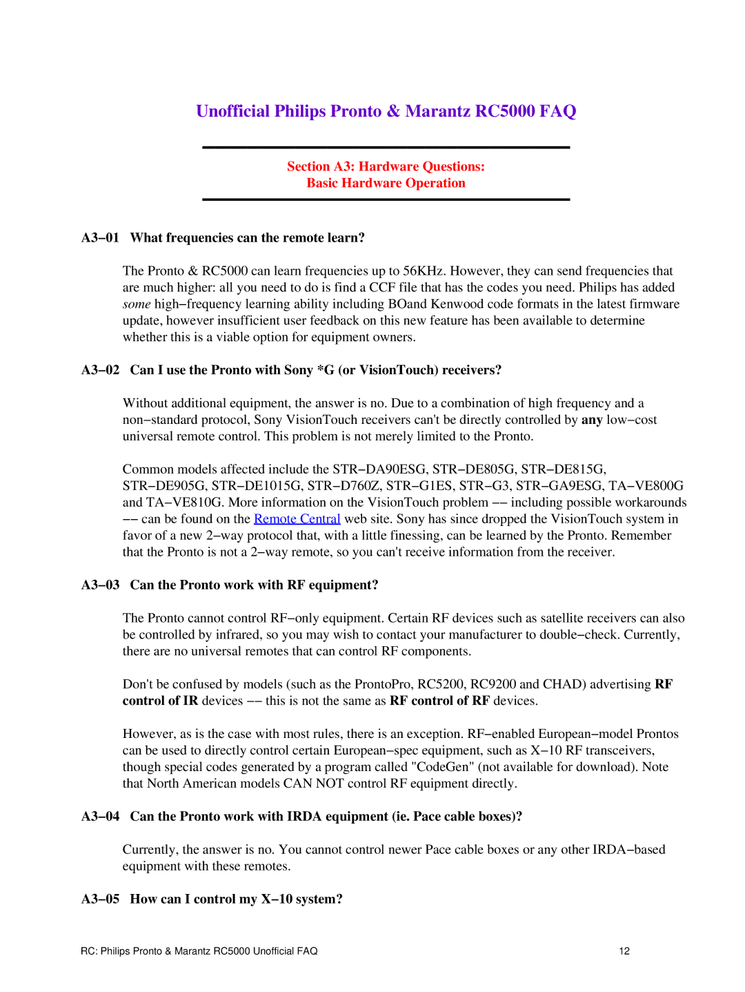 Philips TS1000 manual Section A3 Hardware Questions Basic Hardware Operation, A3−01 What frequencies can the remote learn? 