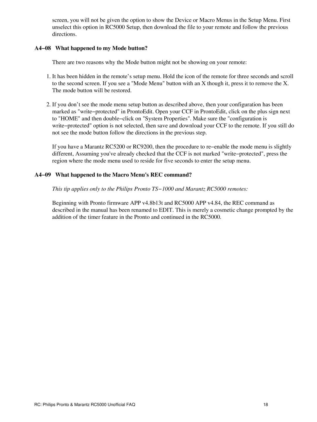 Philips TS1000 manual A4−08 What happened to my Mode button?, A4−09 What happened to the Macro Menus REC command? 