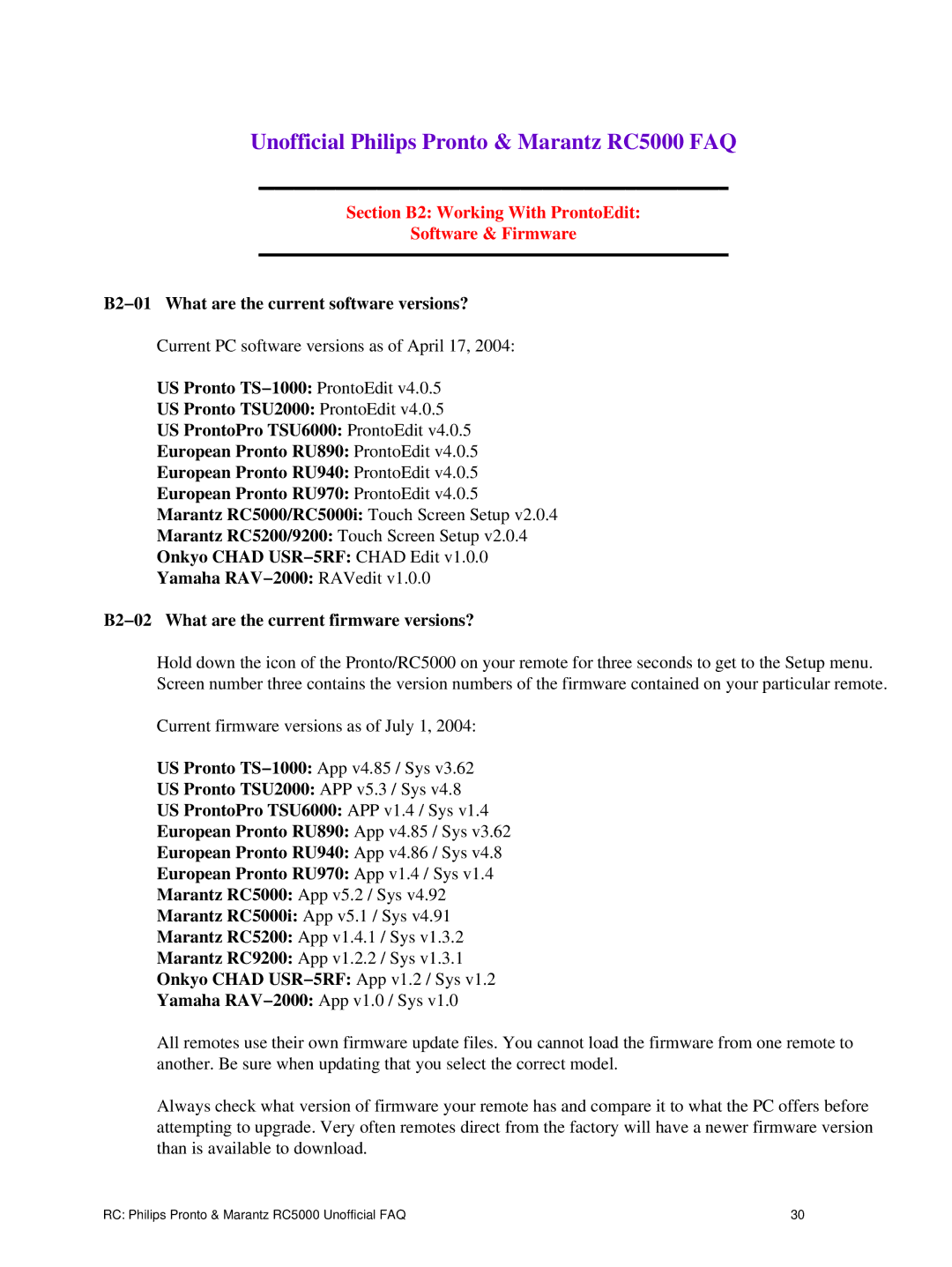 Philips TS1000 manual Section B2 Working With ProntoEdit Software & Firmware, B2−01 What are the current software versions? 