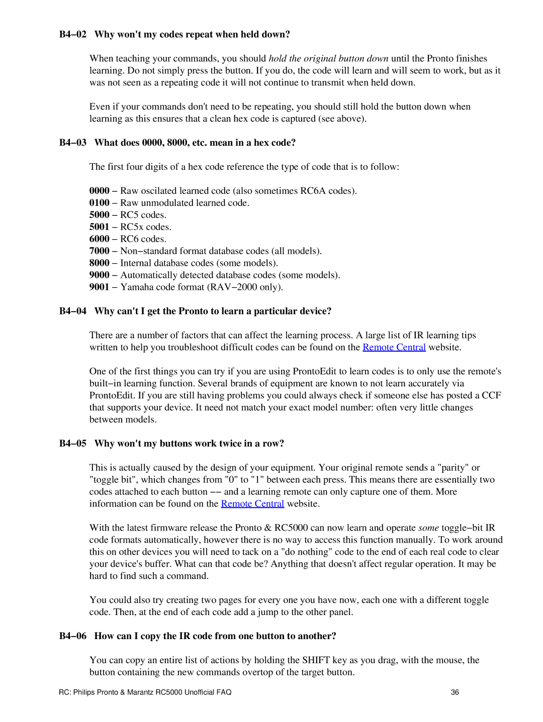 Philips TS1000 manual B4−02 Why wont my codes repeat when held down?, B4−03 What does 0000, 8000, etc. mean in a hex code? 