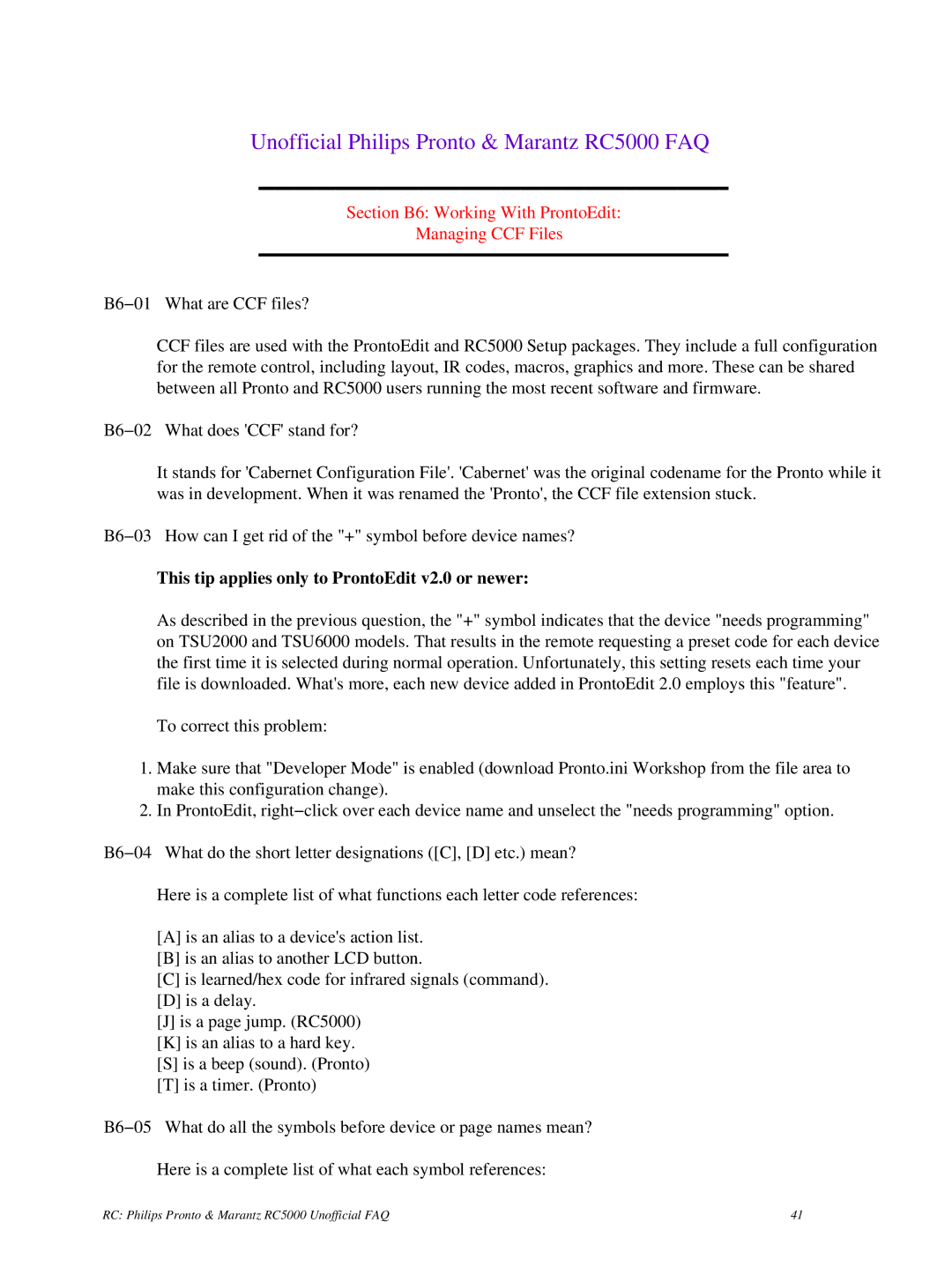 Philips TS1000 manual Section B6 Working With ProntoEdit Managing CCF Files, B6−01 What are CCF files? 