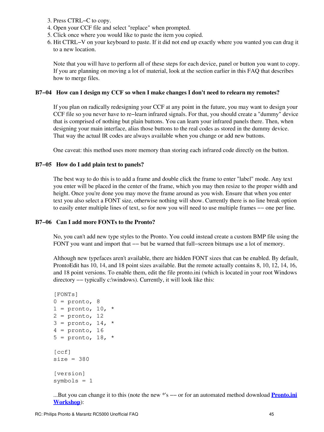 Philips TS1000 manual B7−05 How do I add plain text to panels?, B7−06 Can I add more FONTs to the Pronto? 