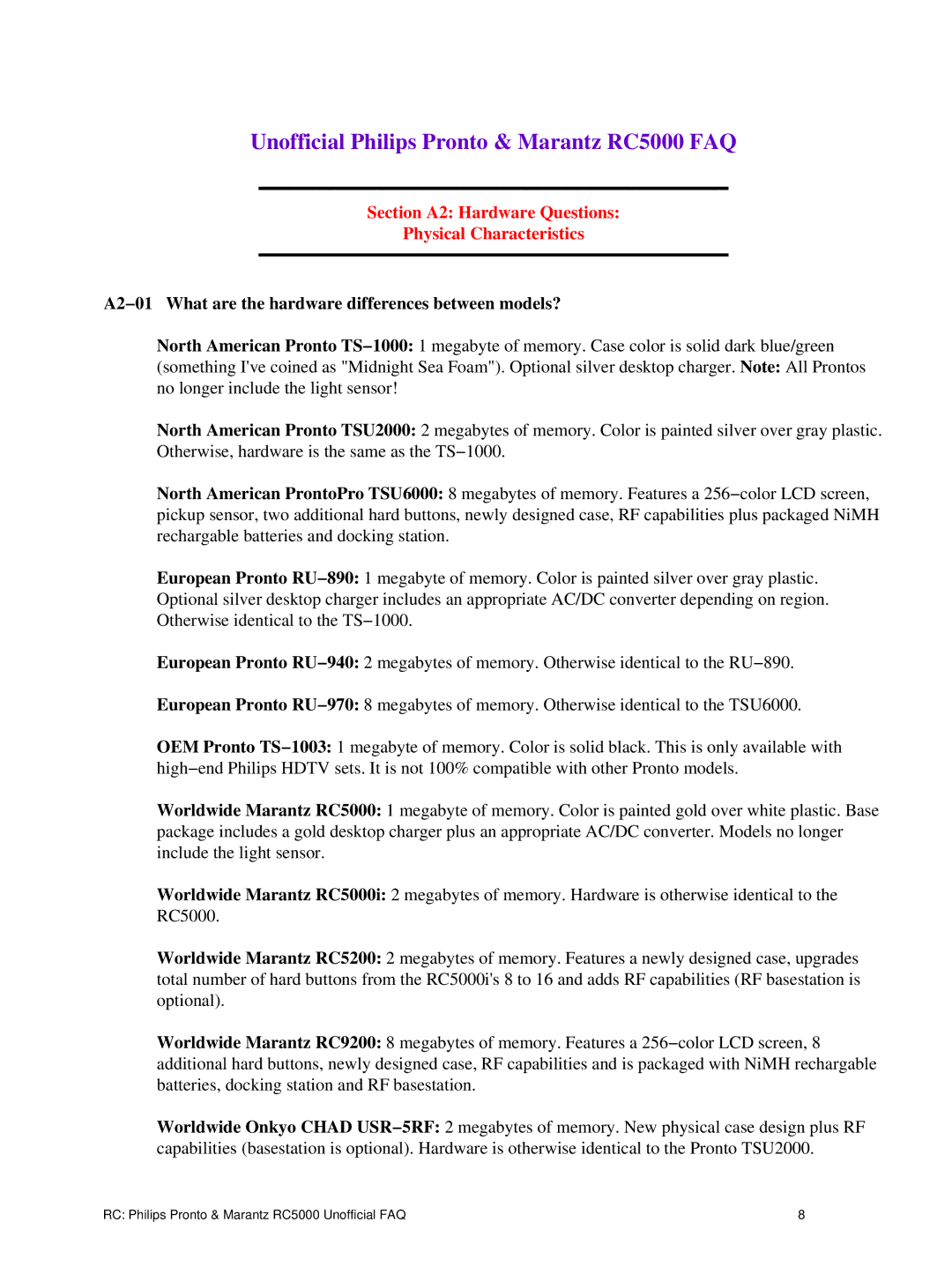 Philips TS1000 manual Section A2 Hardware Questions Physical Characteristics 