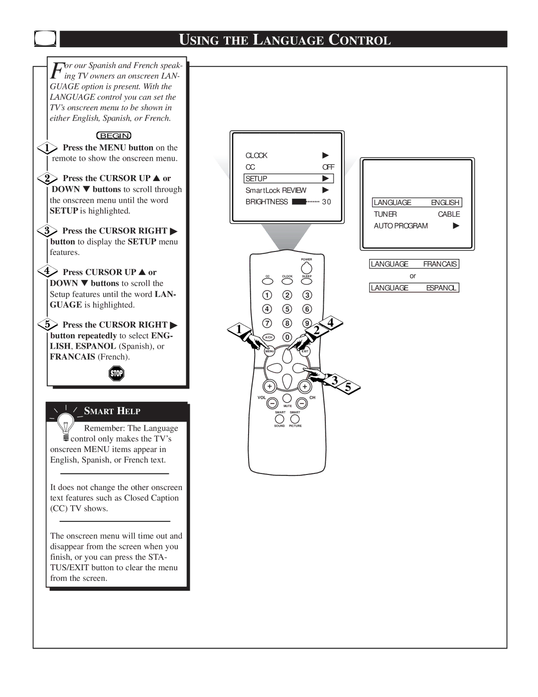 Philips TS2519C manual Using the Language Control, Press the Cursor Right button to display the Setup menu, Francais French 