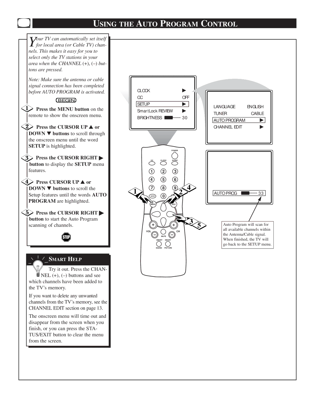 Philips TS2519C Using the Auto Program Control, Onscreen menu until the word Setup is highlighted, Scanning of channels 