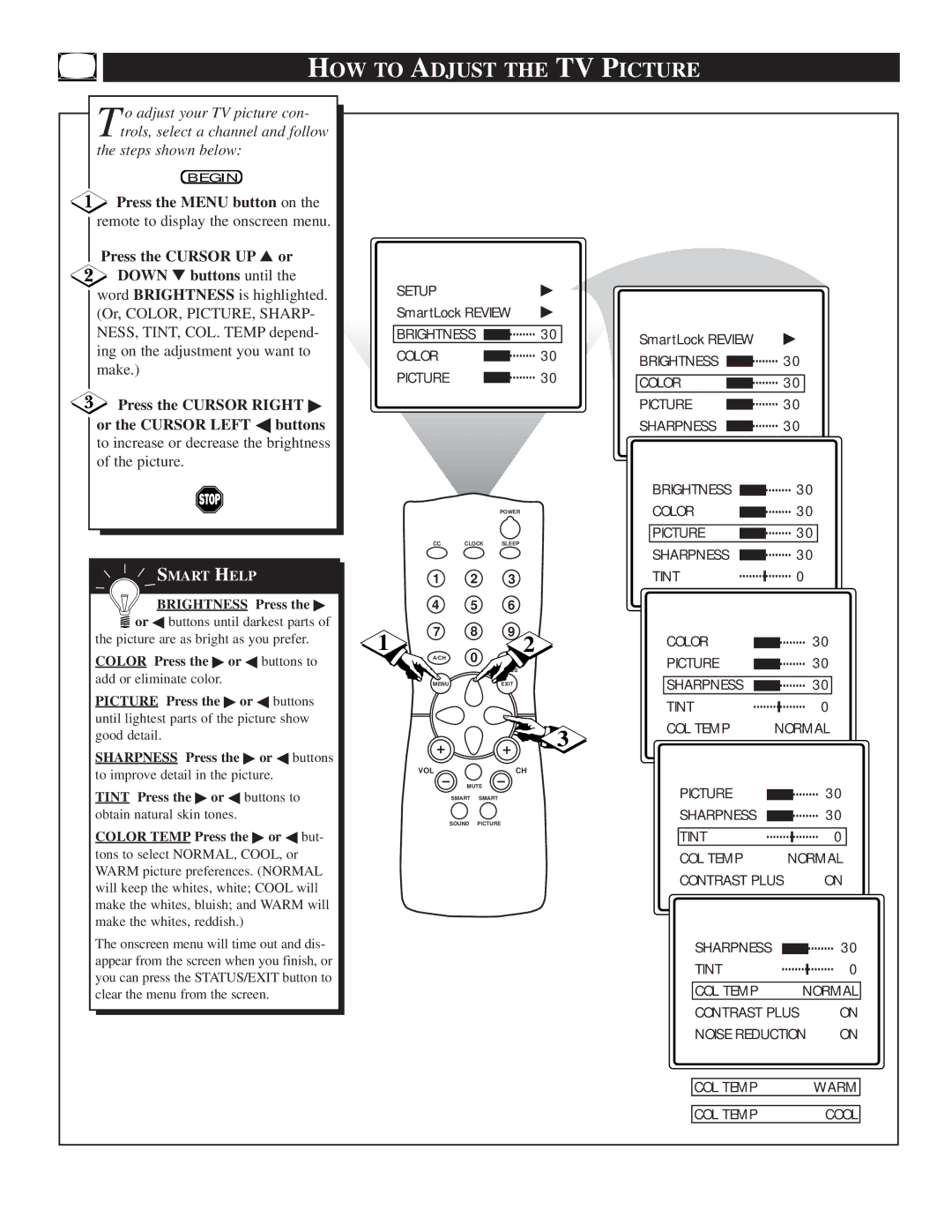 Philips TS2519C manual HOW to Adjust the TV Picture, Press the Menu button on, Remote to display the onscreen menu 