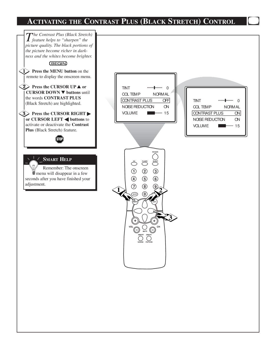 Philips TS2519C manual Activating the Contrast Plus Black Stretch Control, Black Stretch are highlighted 