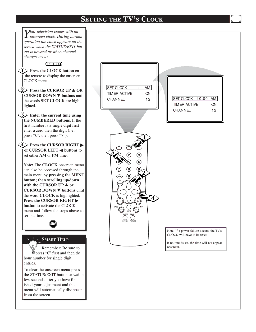 Philips TS2519C manual Setting the TV’S Clock, Press the Clock button on 