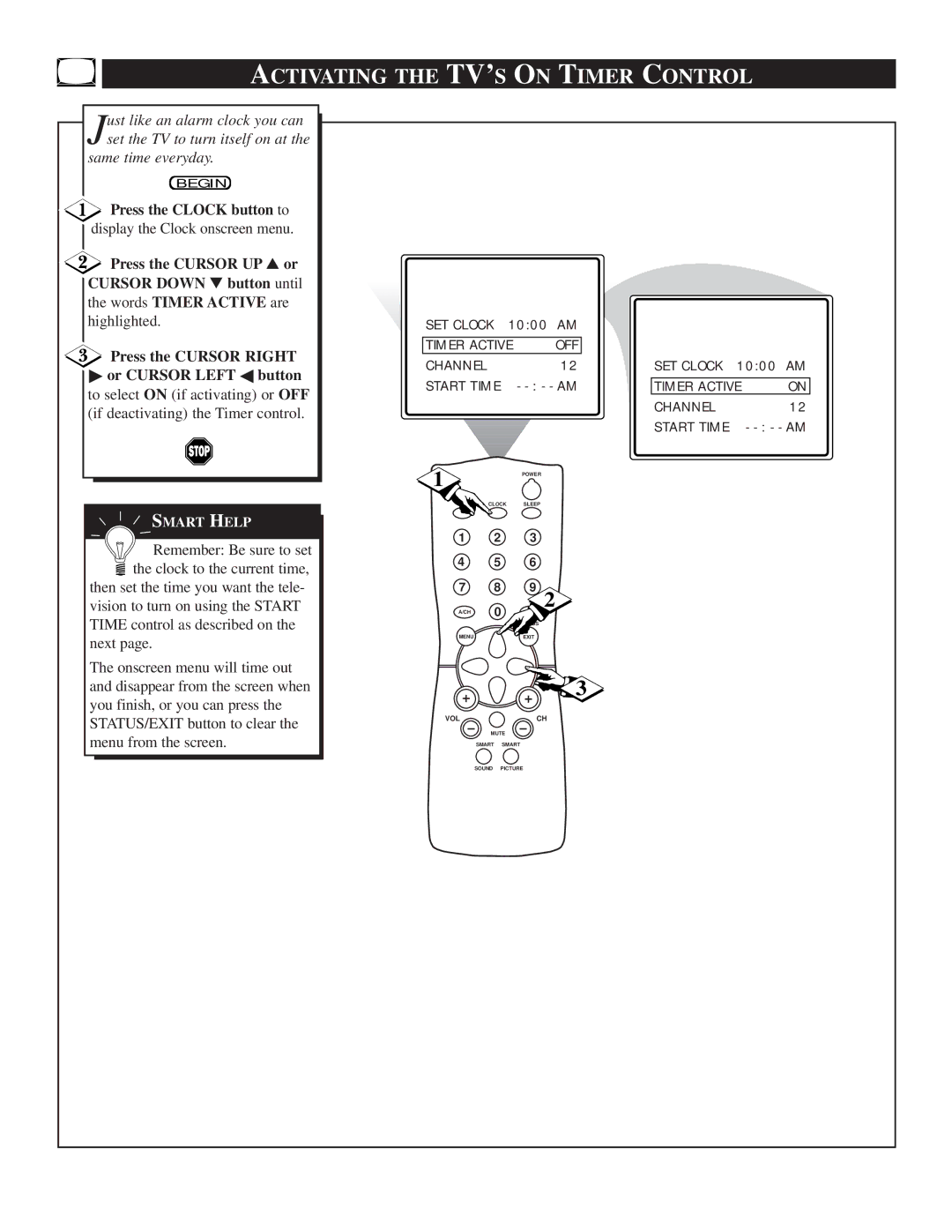 Philips TS2519C manual Activating the TV’S on Timer Control 