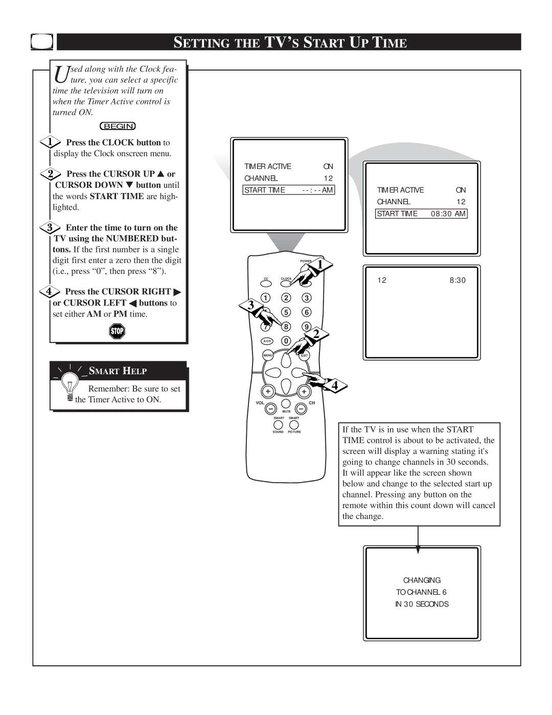 Philips TS2519C manual Setting the TV’S Start UP Time, Remember Be sure to set, Timer Active to on 