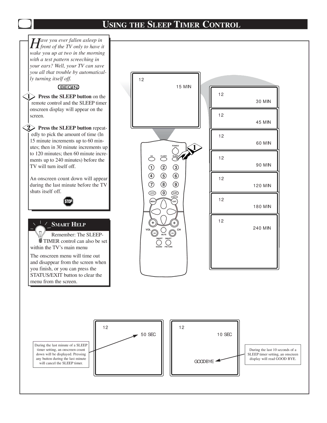 Philips TS2519C manual Using the Sleep Timer Control, 240 MIN 