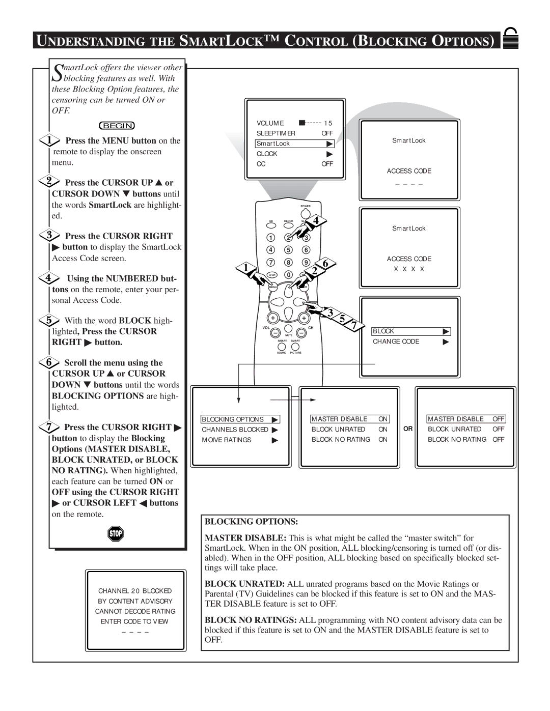 Philips TS2519C manual Understanding the Smartlock C Ontrol Blocking Options, Using the Numbered but 