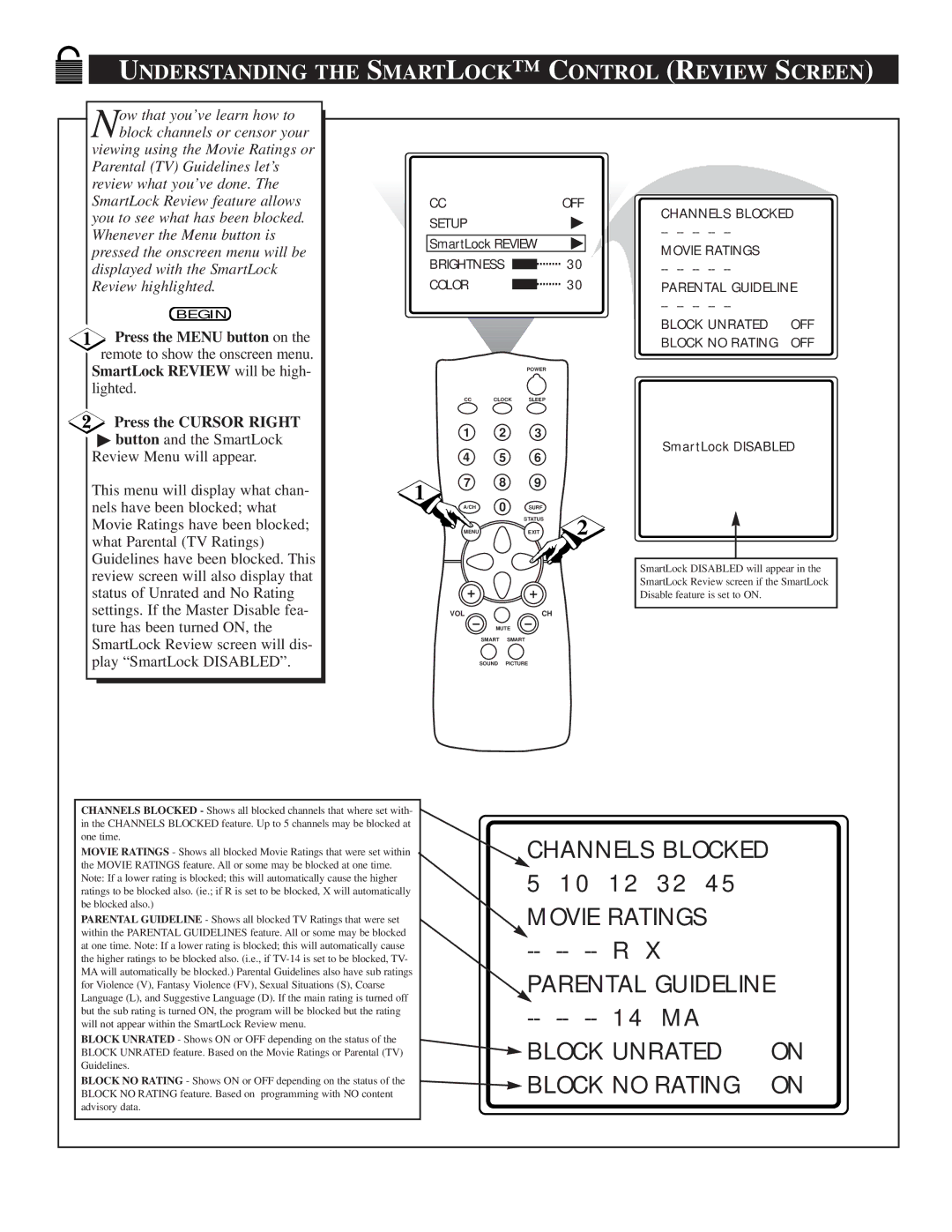 Philips TS2519C manual Understanding the Smartlock C Ontrol Review Screen, Button and the SmartLock Review Menu will appear 