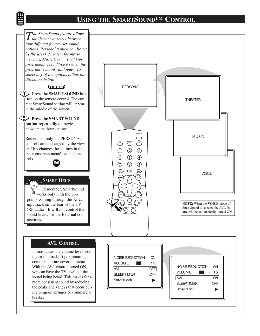 Philips TS2519C manual Using the Smartsound C Ontrol, Press the Smart Sound but 