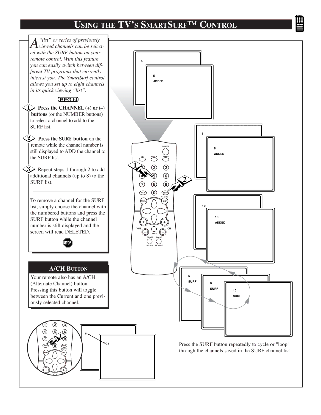 Philips TS2519C manual Using the TV’S Smartsurf C Ontrol, Press the Channel + or 