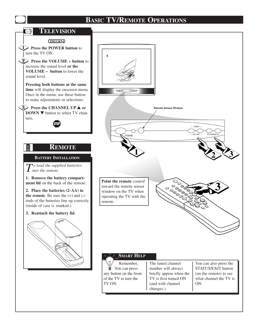 Philips TS2519C manual Basic TV/REMOTE Operations Television, Remote 