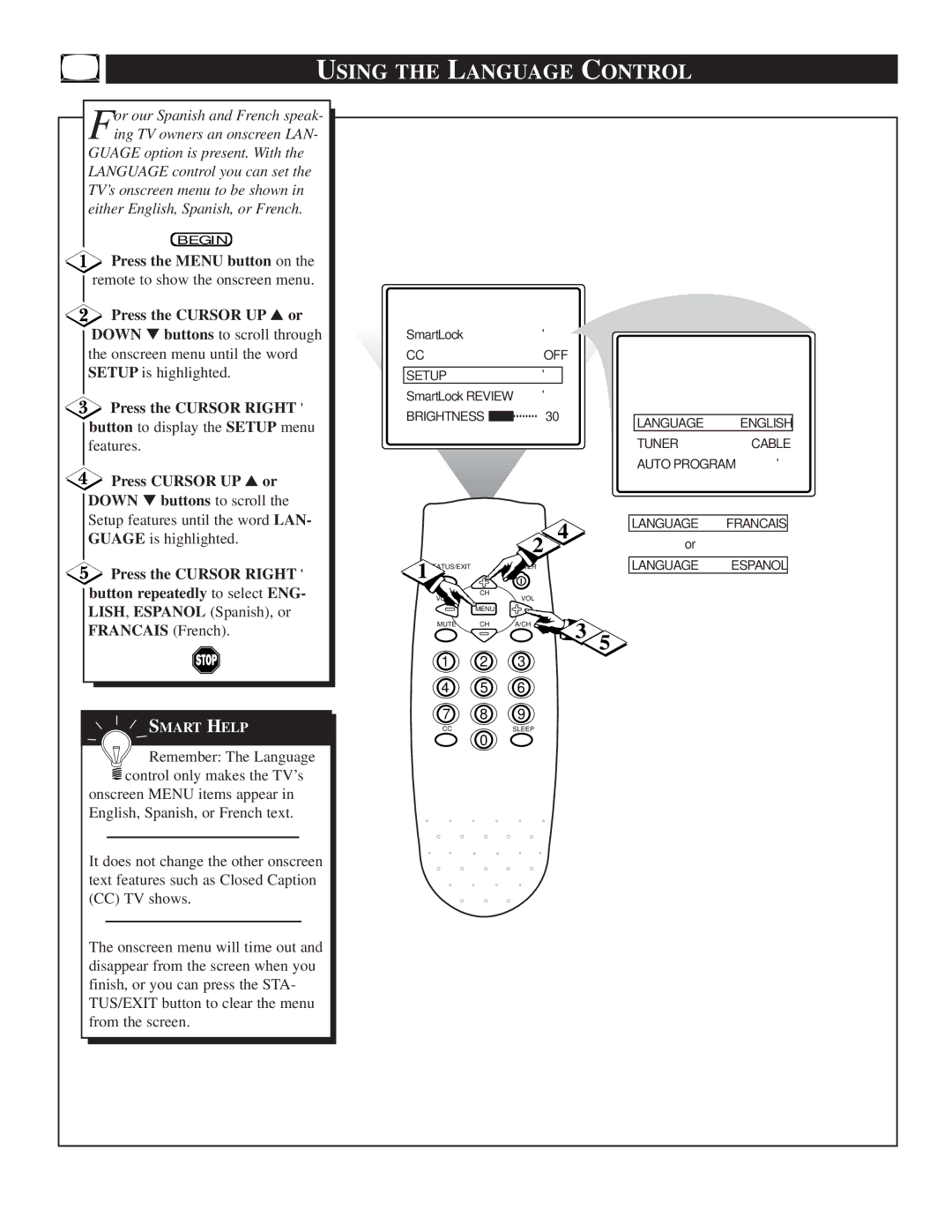 Philips TS2546C1 Using the Language Control, Press the Cursor Right button to display the Setup menu, Francais French 