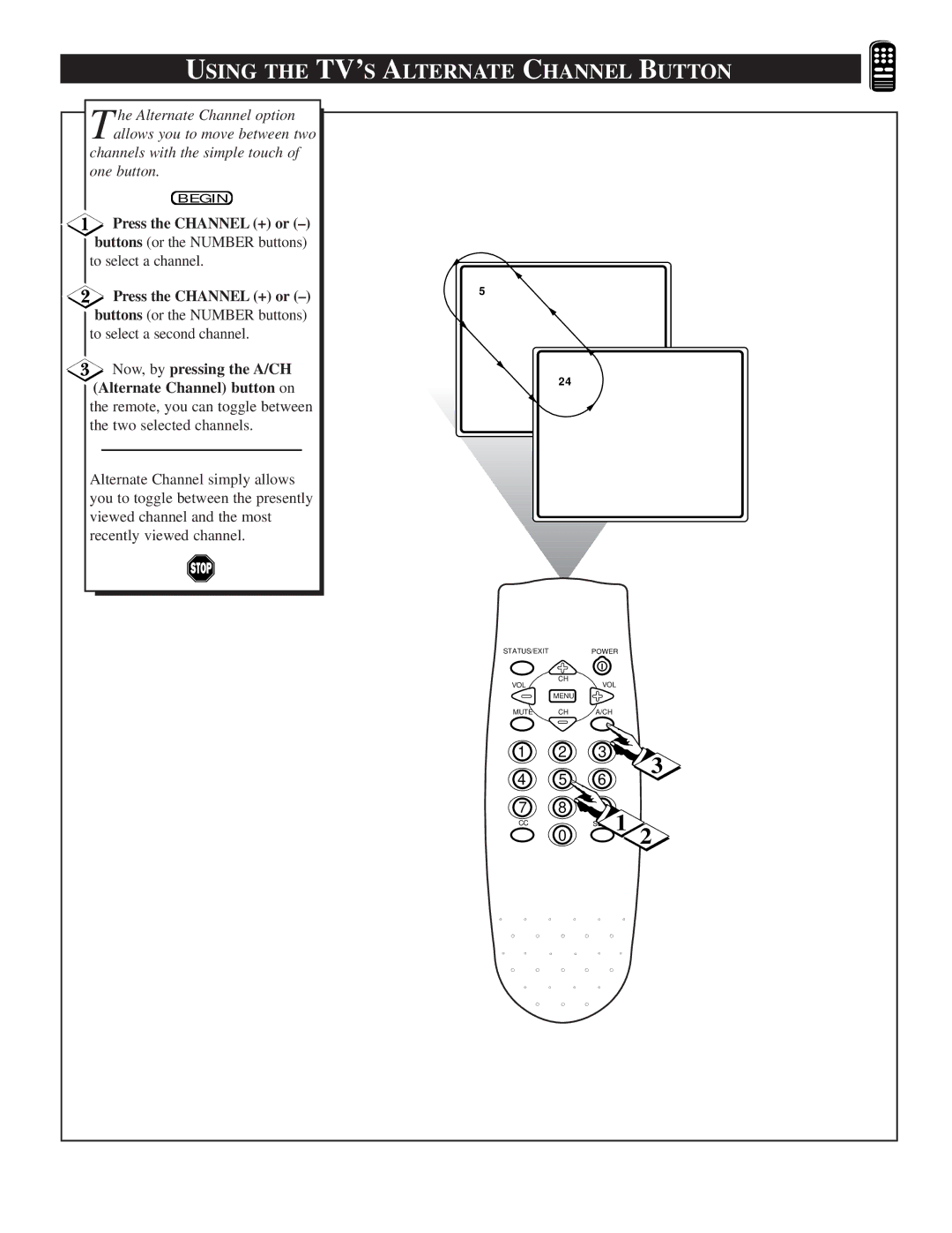 Philips TS2546C1 manual Using the TV’S Alternate Channel Button, Press the Channel + or 