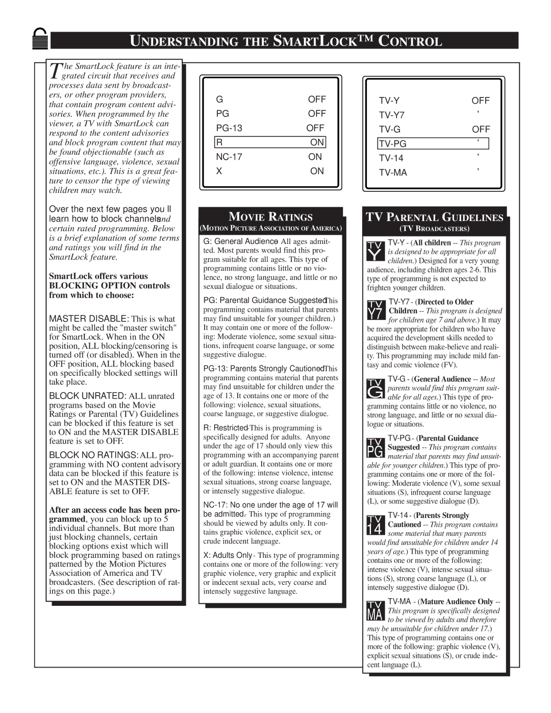 Philips TS2546C1 manual Understanding the Smartlock C Ontrol, Movie Ratings 